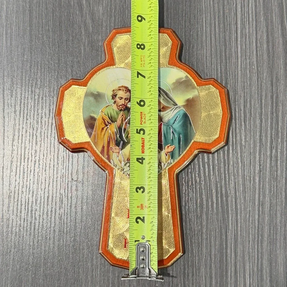 Religious Holy Family Cross Wall Decor God Bless This House Vtg Art‎ Gold Foil